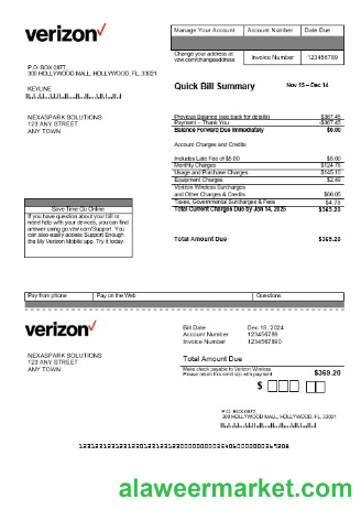 USA Verizon business utility bill template in Word and PDF formats